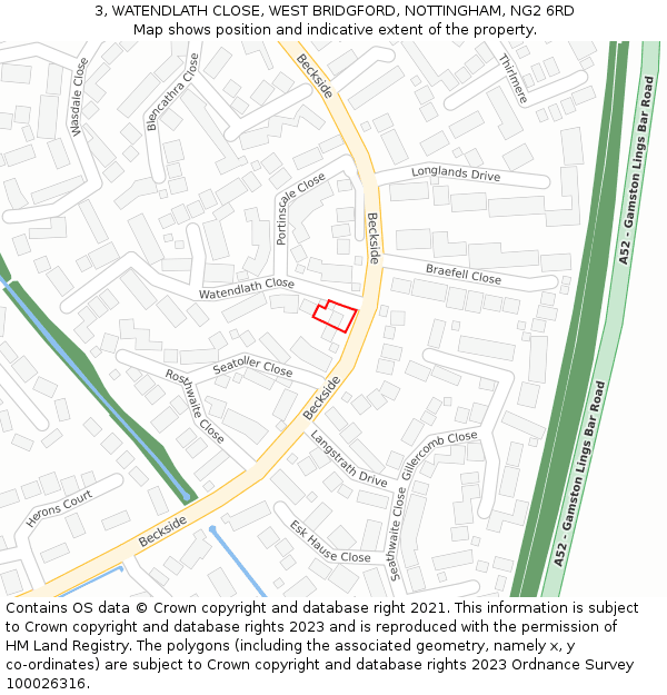 3, WATENDLATH CLOSE, WEST BRIDGFORD, NOTTINGHAM, NG2 6RD: Location map and indicative extent of plot