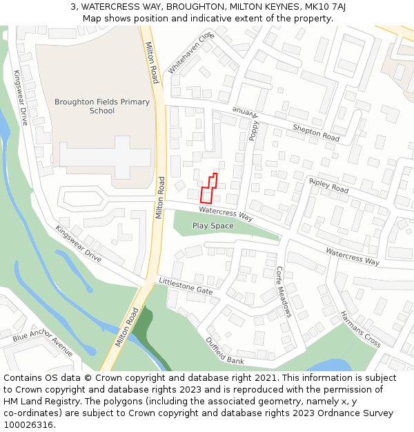 3, WATERCRESS WAY, BROUGHTON, MILTON KEYNES, MK10 7AJ: Location map and indicative extent of plot