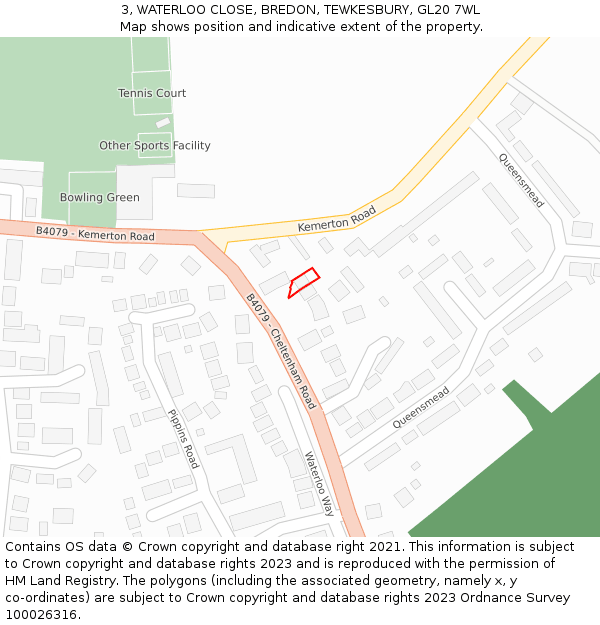 3, WATERLOO CLOSE, BREDON, TEWKESBURY, GL20 7WL: Location map and indicative extent of plot