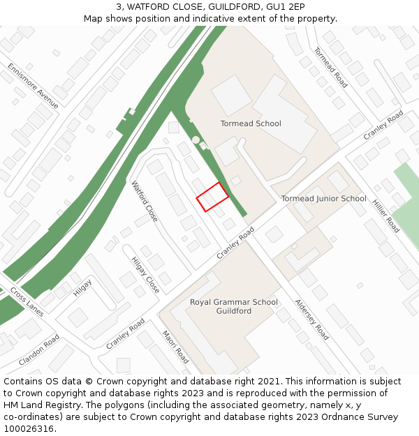 3, WATFORD CLOSE, GUILDFORD, GU1 2EP: Location map and indicative extent of plot