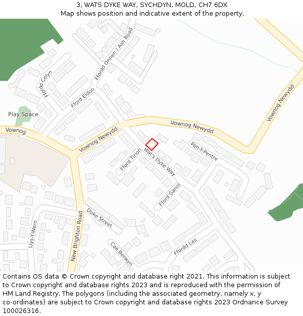 3, WATS DYKE WAY, SYCHDYN, MOLD, CH7 6DX: Location map and indicative extent of plot