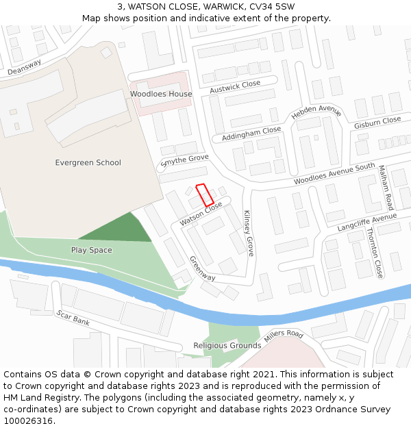 3, WATSON CLOSE, WARWICK, CV34 5SW: Location map and indicative extent of plot