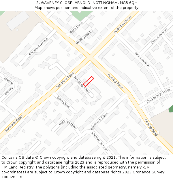 3, WAVENEY CLOSE, ARNOLD, NOTTINGHAM, NG5 6QH: Location map and indicative extent of plot