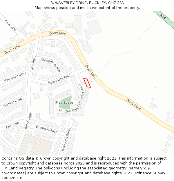 3, WAVERLEY DRIVE, BUCKLEY, CH7 3FA: Location map and indicative extent of plot