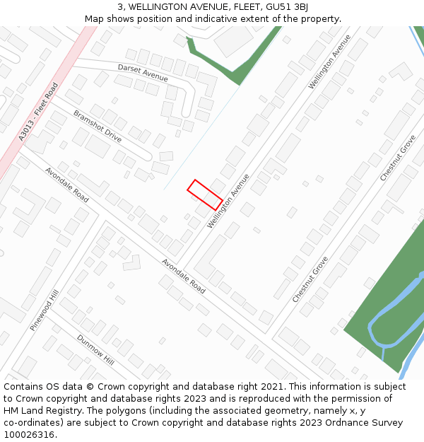 3, WELLINGTON AVENUE, FLEET, GU51 3BJ: Location map and indicative extent of plot