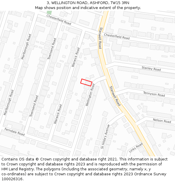 3, WELLINGTON ROAD, ASHFORD, TW15 3RN: Location map and indicative extent of plot