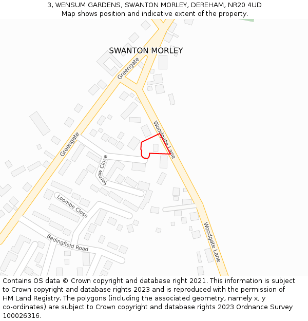 3, WENSUM GARDENS, SWANTON MORLEY, DEREHAM, NR20 4UD: Location map and indicative extent of plot