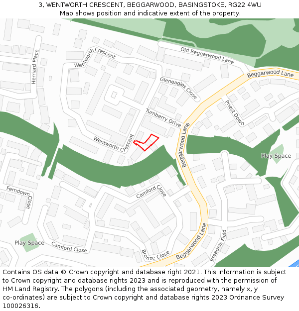 3, WENTWORTH CRESCENT, BEGGARWOOD, BASINGSTOKE, RG22 4WU: Location map and indicative extent of plot