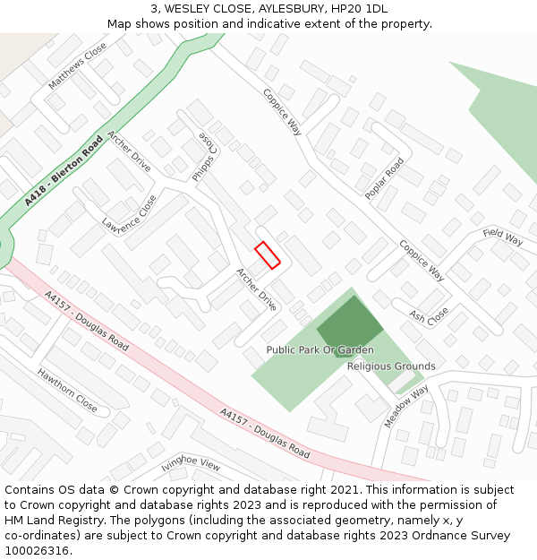 3, WESLEY CLOSE, AYLESBURY, HP20 1DL: Location map and indicative extent of plot