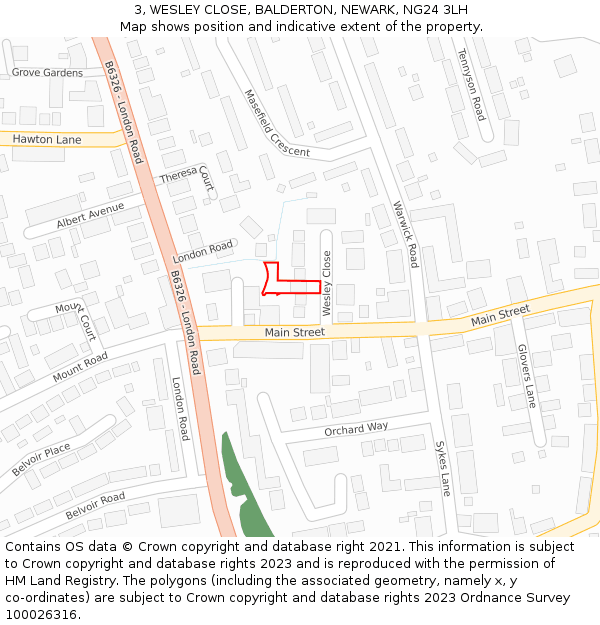 3, WESLEY CLOSE, BALDERTON, NEWARK, NG24 3LH: Location map and indicative extent of plot
