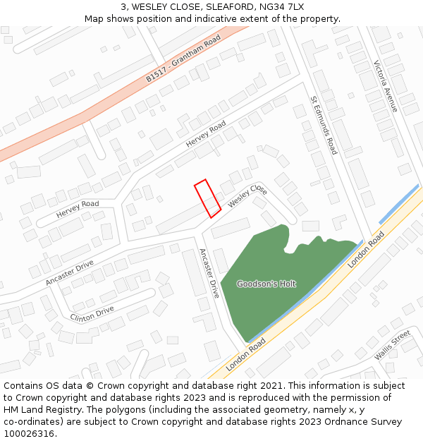 3, WESLEY CLOSE, SLEAFORD, NG34 7LX: Location map and indicative extent of plot