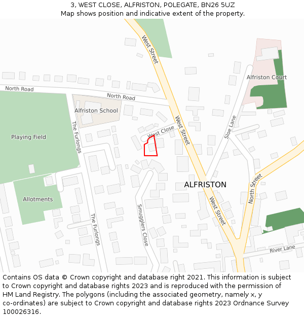 3, WEST CLOSE, ALFRISTON, POLEGATE, BN26 5UZ: Location map and indicative extent of plot