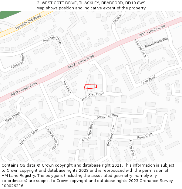 3, WEST COTE DRIVE, THACKLEY, BRADFORD, BD10 8WS: Location map and indicative extent of plot