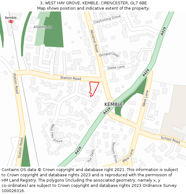 3, WEST HAY GROVE, KEMBLE, CIRENCESTER, GL7 6BE: Location map and indicative extent of plot