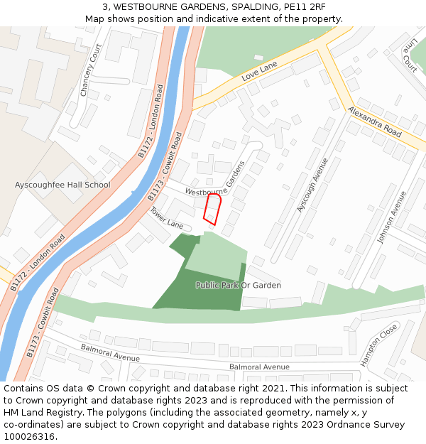 3, WESTBOURNE GARDENS, SPALDING, PE11 2RF: Location map and indicative extent of plot