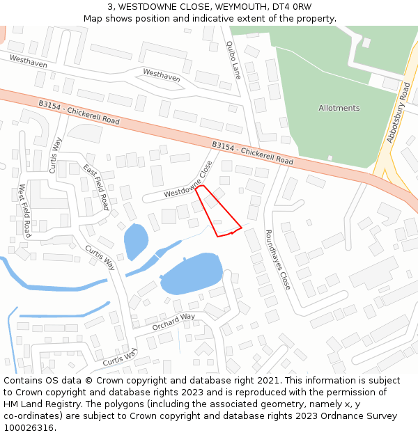 3, WESTDOWNE CLOSE, WEYMOUTH, DT4 0RW: Location map and indicative extent of plot
