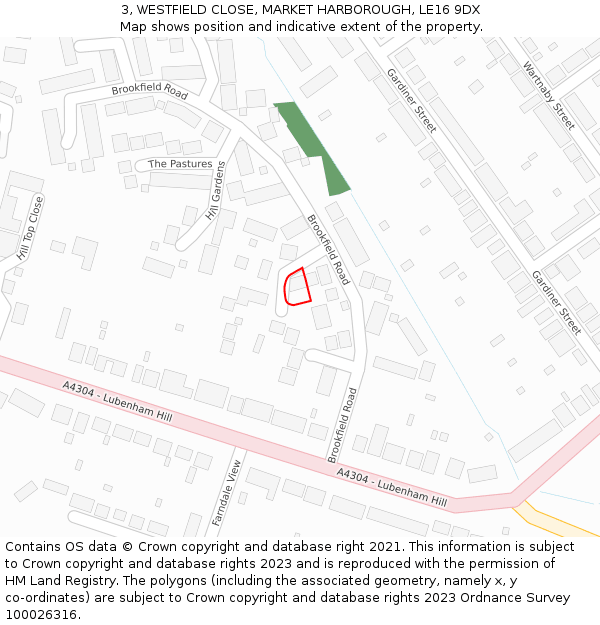 3, WESTFIELD CLOSE, MARKET HARBOROUGH, LE16 9DX: Location map and indicative extent of plot