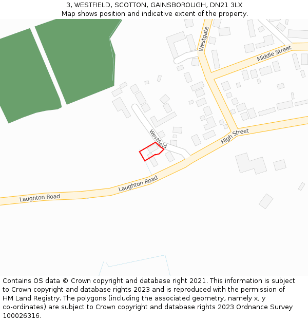 3, WESTFIELD, SCOTTON, GAINSBOROUGH, DN21 3LX: Location map and indicative extent of plot