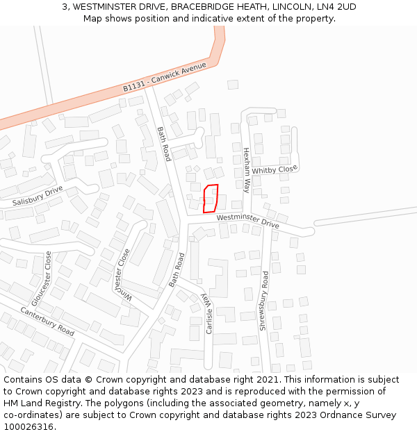 3, WESTMINSTER DRIVE, BRACEBRIDGE HEATH, LINCOLN, LN4 2UD: Location map and indicative extent of plot