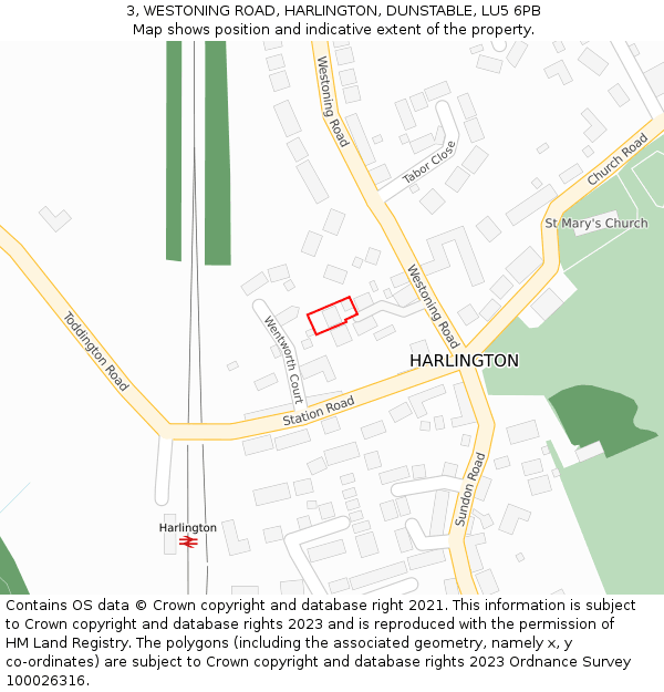 3, WESTONING ROAD, HARLINGTON, DUNSTABLE, LU5 6PB: Location map and indicative extent of plot