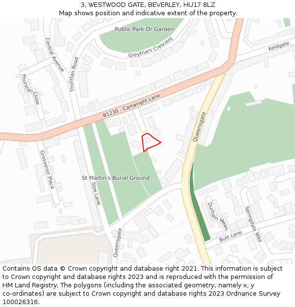 3, WESTWOOD GATE, BEVERLEY, HU17 8LZ: Location map and indicative extent of plot