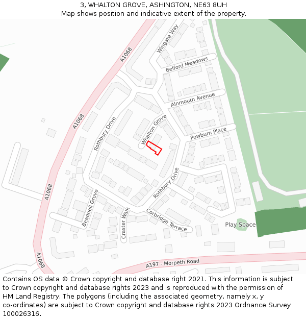 3, WHALTON GROVE, ASHINGTON, NE63 8UH: Location map and indicative extent of plot