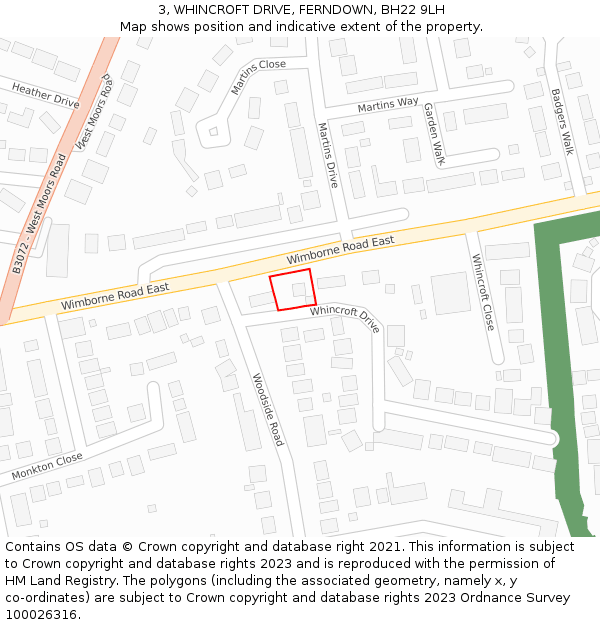 3, WHINCROFT DRIVE, FERNDOWN, BH22 9LH: Location map and indicative extent of plot