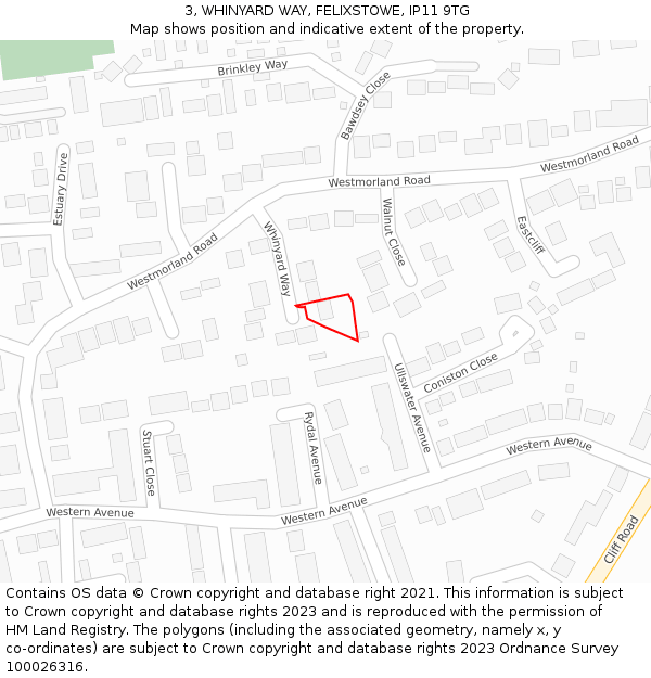 3, WHINYARD WAY, FELIXSTOWE, IP11 9TG: Location map and indicative extent of plot