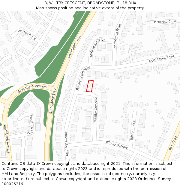 3, WHITBY CRESCENT, BROADSTONE, BH18 8HX: Location map and indicative extent of plot
