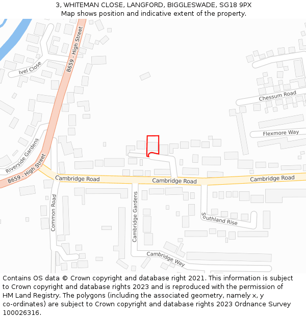 3, WHITEMAN CLOSE, LANGFORD, BIGGLESWADE, SG18 9PX: Location map and indicative extent of plot