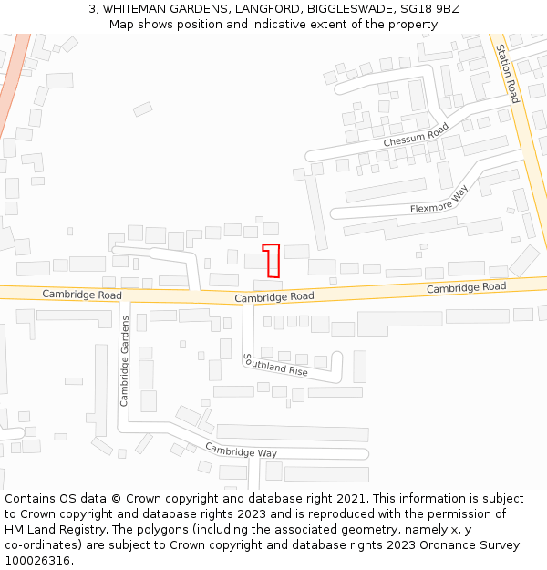 3, WHITEMAN GARDENS, LANGFORD, BIGGLESWADE, SG18 9BZ: Location map and indicative extent of plot