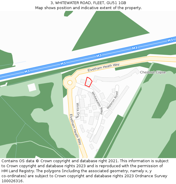 3, WHITEWATER ROAD, FLEET, GU51 1GB: Location map and indicative extent of plot