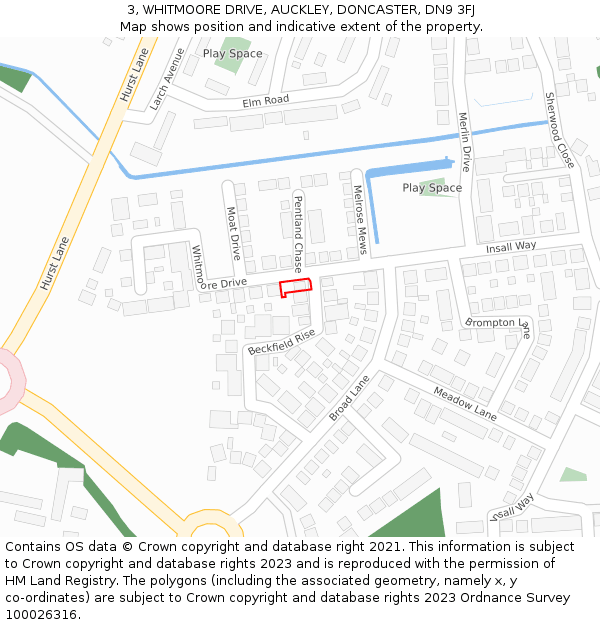 3, WHITMOORE DRIVE, AUCKLEY, DONCASTER, DN9 3FJ: Location map and indicative extent of plot