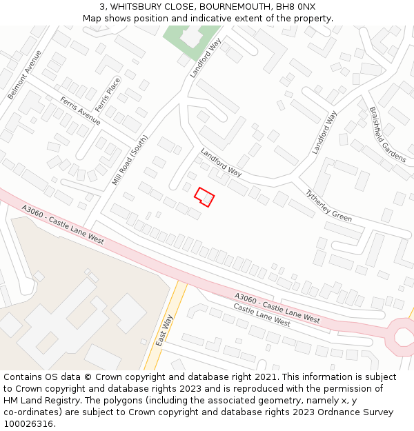 3, WHITSBURY CLOSE, BOURNEMOUTH, BH8 0NX: Location map and indicative extent of plot