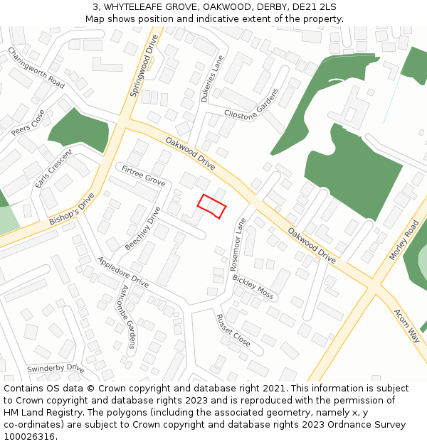 3, WHYTELEAFE GROVE, OAKWOOD, DERBY, DE21 2LS: Location map and indicative extent of plot