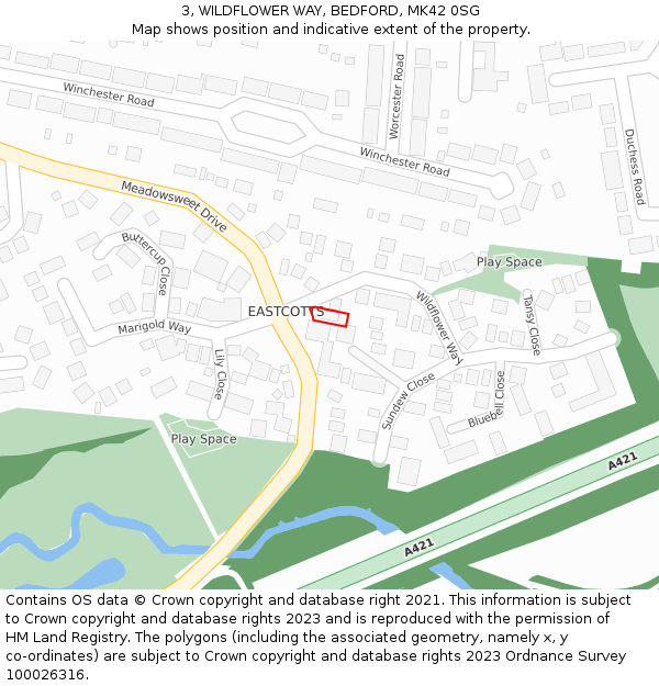 3, WILDFLOWER WAY, BEDFORD, MK42 0SG: Location map and indicative extent of plot