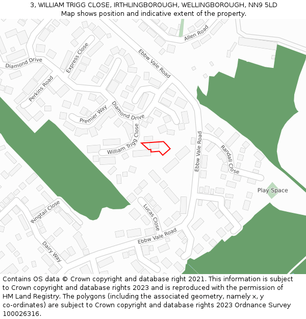 3, WILLIAM TRIGG CLOSE, IRTHLINGBOROUGH, WELLINGBOROUGH, NN9 5LD: Location map and indicative extent of plot