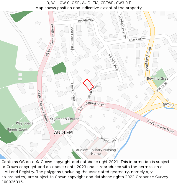 3, WILLOW CLOSE, AUDLEM, CREWE, CW3 0JT: Location map and indicative extent of plot