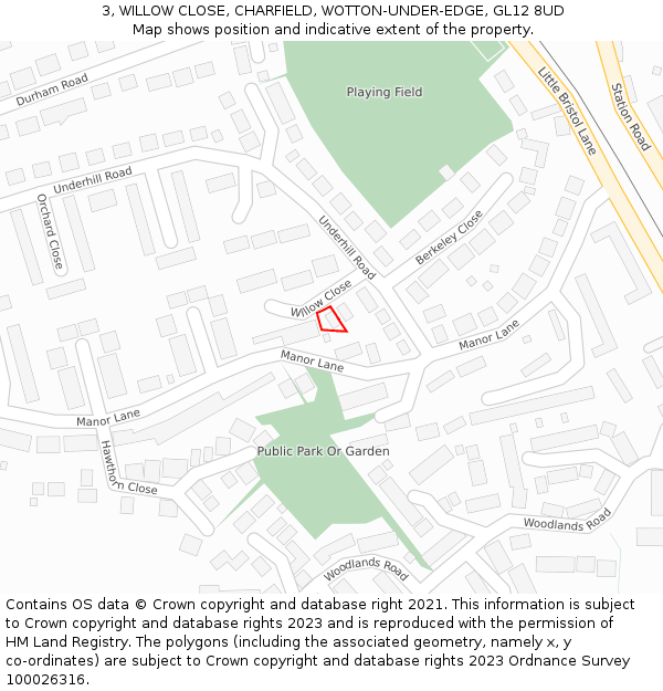 3, WILLOW CLOSE, CHARFIELD, WOTTON-UNDER-EDGE, GL12 8UD: Location map and indicative extent of plot