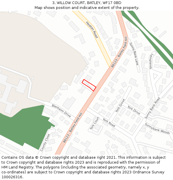 3, WILLOW COURT, BATLEY, WF17 0BD: Location map and indicative extent of plot