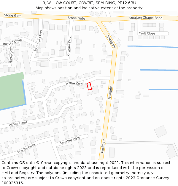 3, WILLOW COURT, COWBIT, SPALDING, PE12 6BU: Location map and indicative extent of plot