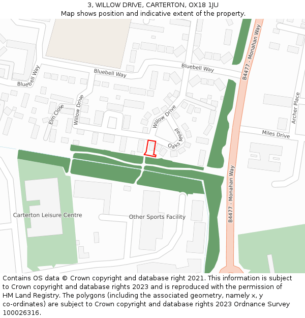 3, WILLOW DRIVE, CARTERTON, OX18 1JU: Location map and indicative extent of plot