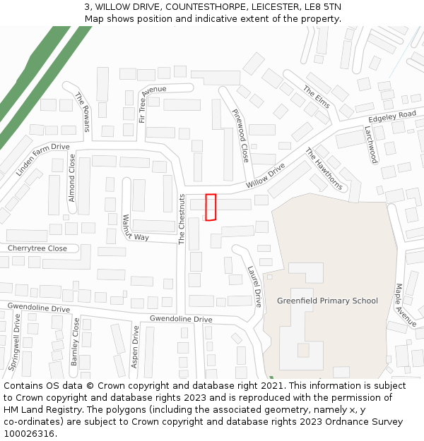 3, WILLOW DRIVE, COUNTESTHORPE, LEICESTER, LE8 5TN: Location map and indicative extent of plot