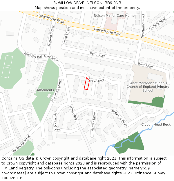 3, WILLOW DRIVE, NELSON, BB9 0NB: Location map and indicative extent of plot