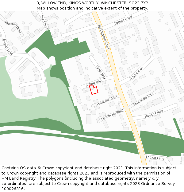 3, WILLOW END, KINGS WORTHY, WINCHESTER, SO23 7XP: Location map and indicative extent of plot