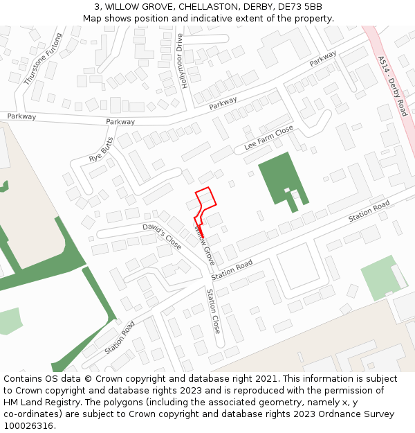 3, WILLOW GROVE, CHELLASTON, DERBY, DE73 5BB: Location map and indicative extent of plot