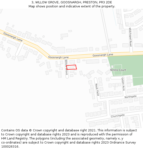 3, WILLOW GROVE, GOOSNARGH, PRESTON, PR3 2DE: Location map and indicative extent of plot