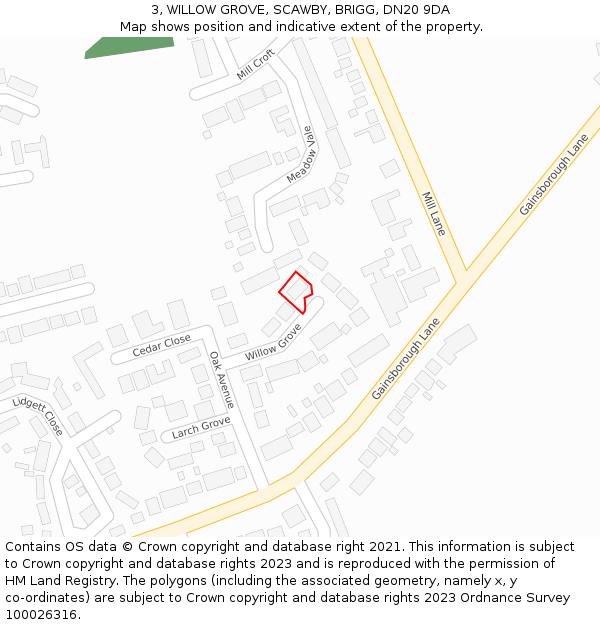 3, WILLOW GROVE, SCAWBY, BRIGG, DN20 9DA: Location map and indicative extent of plot
