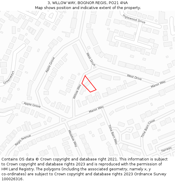 3, WILLOW WAY, BOGNOR REGIS, PO21 4NA: Location map and indicative extent of plot