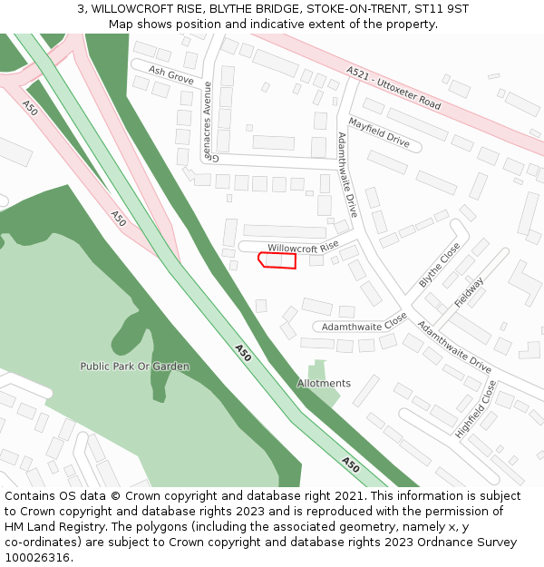 3, WILLOWCROFT RISE, BLYTHE BRIDGE, STOKE-ON-TRENT, ST11 9ST: Location map and indicative extent of plot